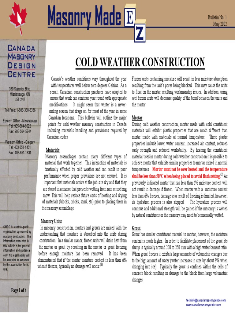 Guidelines for Cold Weather Masonry Construction in Canada PDF Mortar (Masonry) Concrete