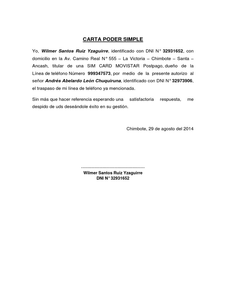 Carta Poder Simple Movistar