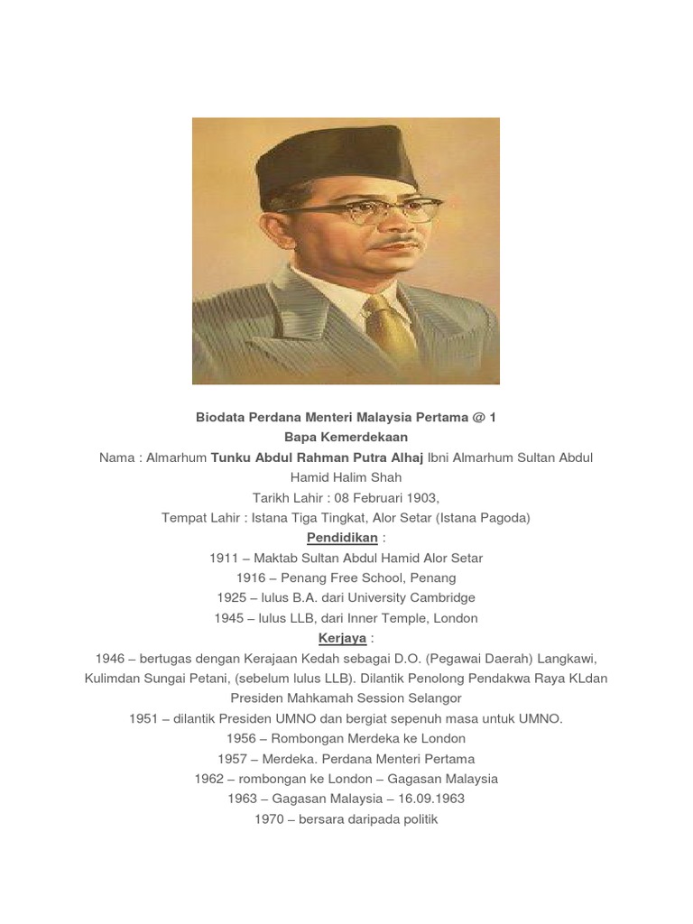 Biodata Perdana Menteri Malaysia  Pertama  Biodata Perdana Menteri Malaysia  Pertama