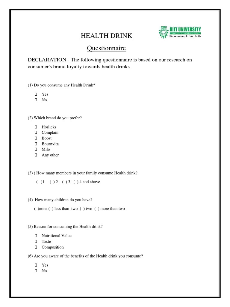 Health Drink Questionnaire PDF Drink Brand