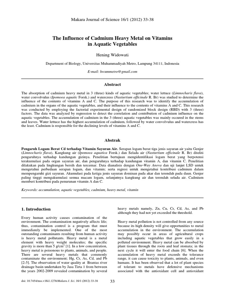 The Influence of Cadmium Heavy Metal On Vitamins in Aquatic Vegetables ...
