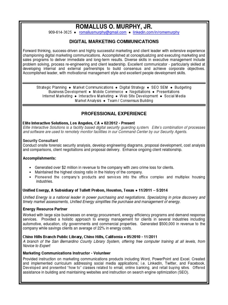 Digital Marketing Communications Manager in Los Angeles CA Resume