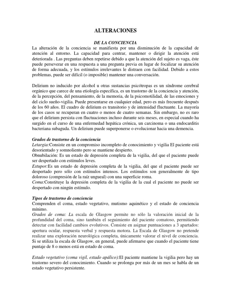 Alteraciones del Nivel de Conciencia | PDF | Coma | Depresión (estado ...