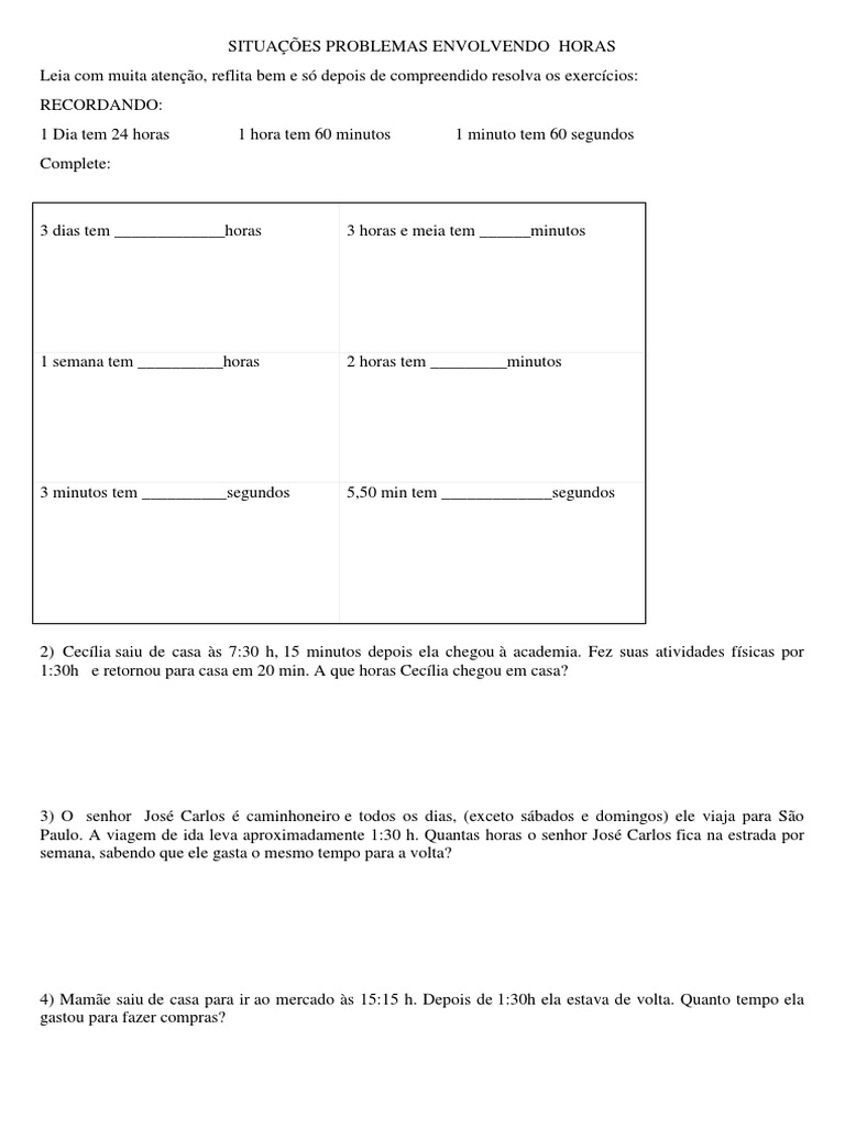 Situações Problemas Horas
