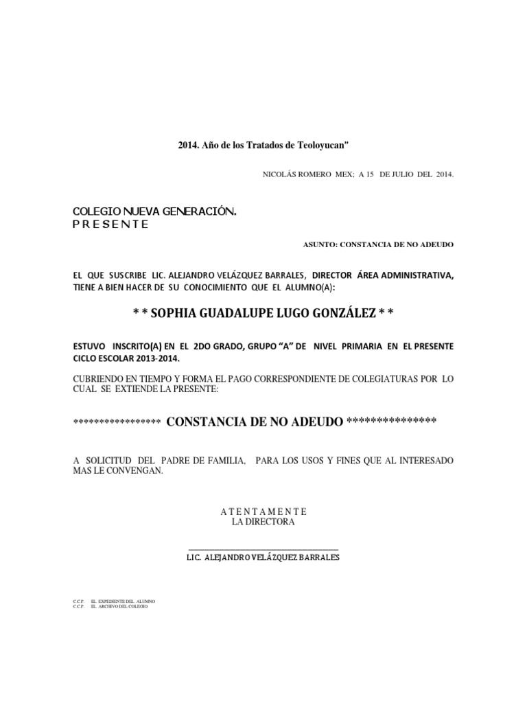 Carta de No Adeudo de Colegiaturas | PDF