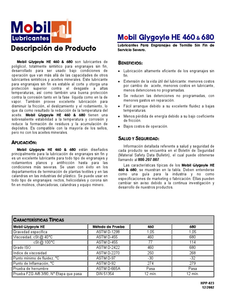 Lubricantes Mobil Glygoyle HE 460 | PDF | Engranaje | Lubricante