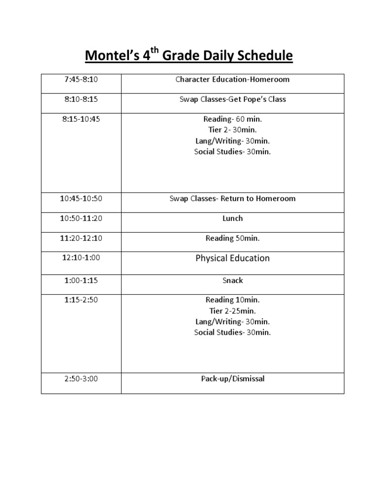Montel's 4th Grade Daily Schedule | PDF