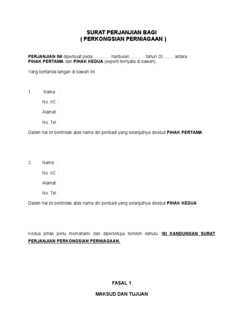 Contoh Surat Ikatan Perkongsian Perniagaan