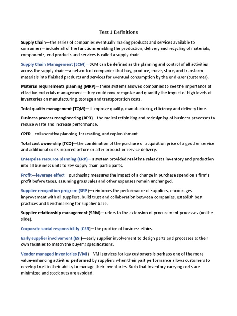Supply Chain Test 1 Definitions Supply Chain Inventory