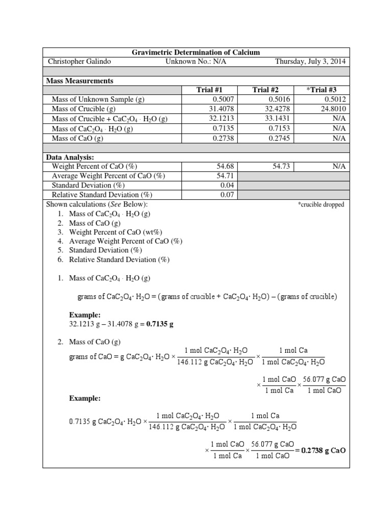 Gravimetric Analysis of Calcium Content | PDF | Standard Deviation ...