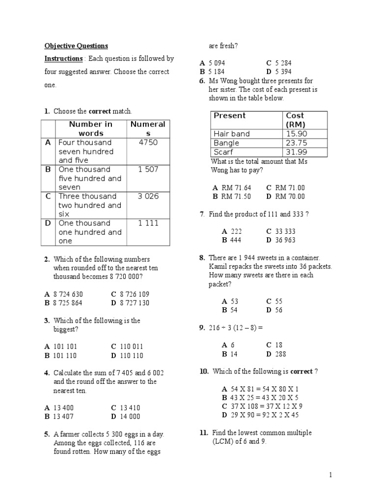 Soalan Matematik Tingkatan 1 | PDF | Teaching Mathematics