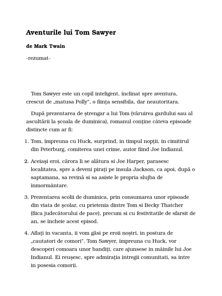 Rezumat Aventurile Lui Tom Sawyer Aventurile Lui Tom Sawyer - Rezumat | PDF