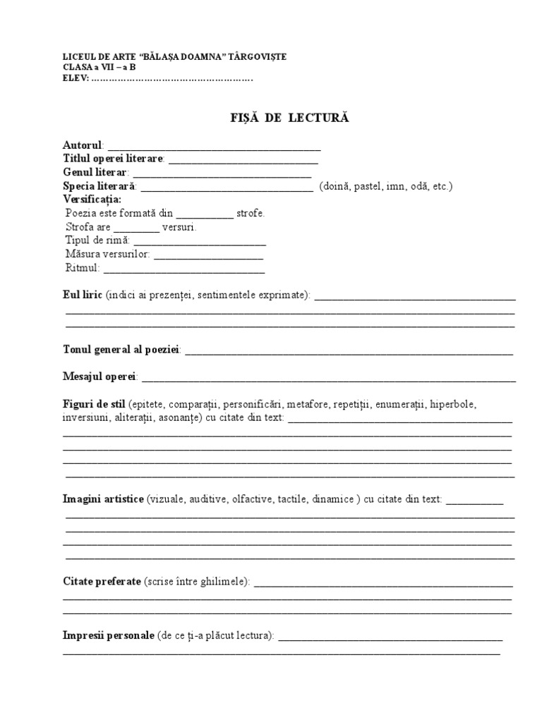 Model Fisa De Lectura Liceu Fisa de Lectura - Poezie | PDF
