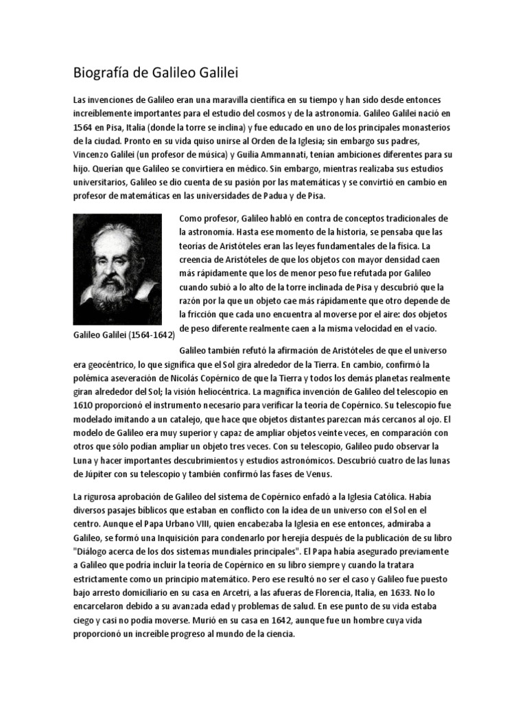 Biografía de Galileo Galilei y Sus Aportaciones PDF Galileo Galilei Astronomía