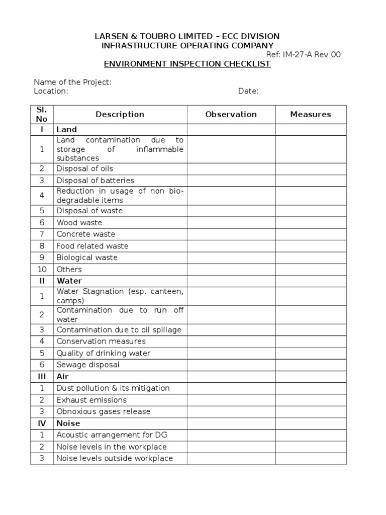 Environmental Inspection Checklist | PDF