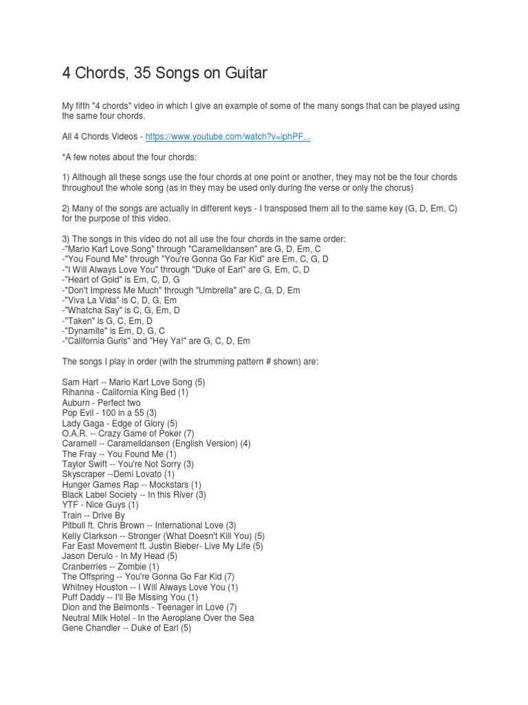 35 Songs Using 4 Guitar Chords | PDF | Chord (Music) | Entertainment ...