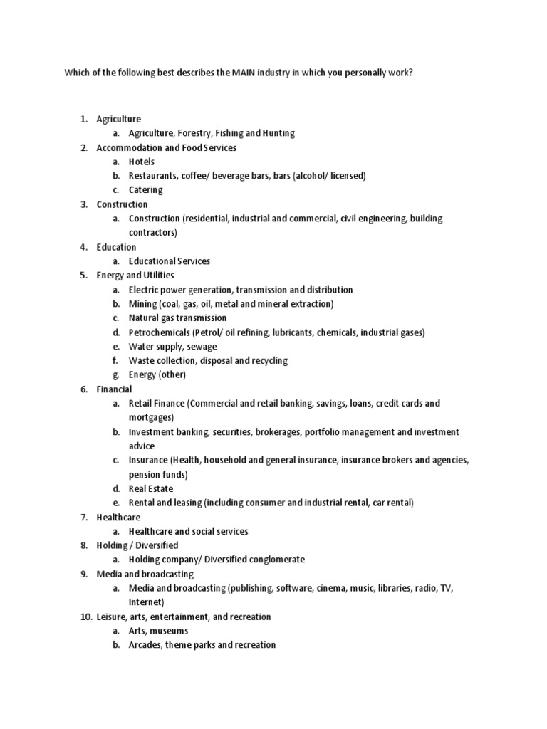 Which of The Following Best Describes The MAIN Industry in Which You Personally Work PDF Provost Education Consultant