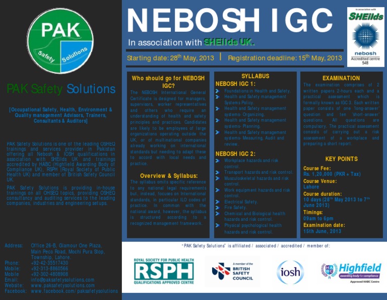 NEBOSH IGC Course Details in Lahore | PDF | Occupational Safety And ...
