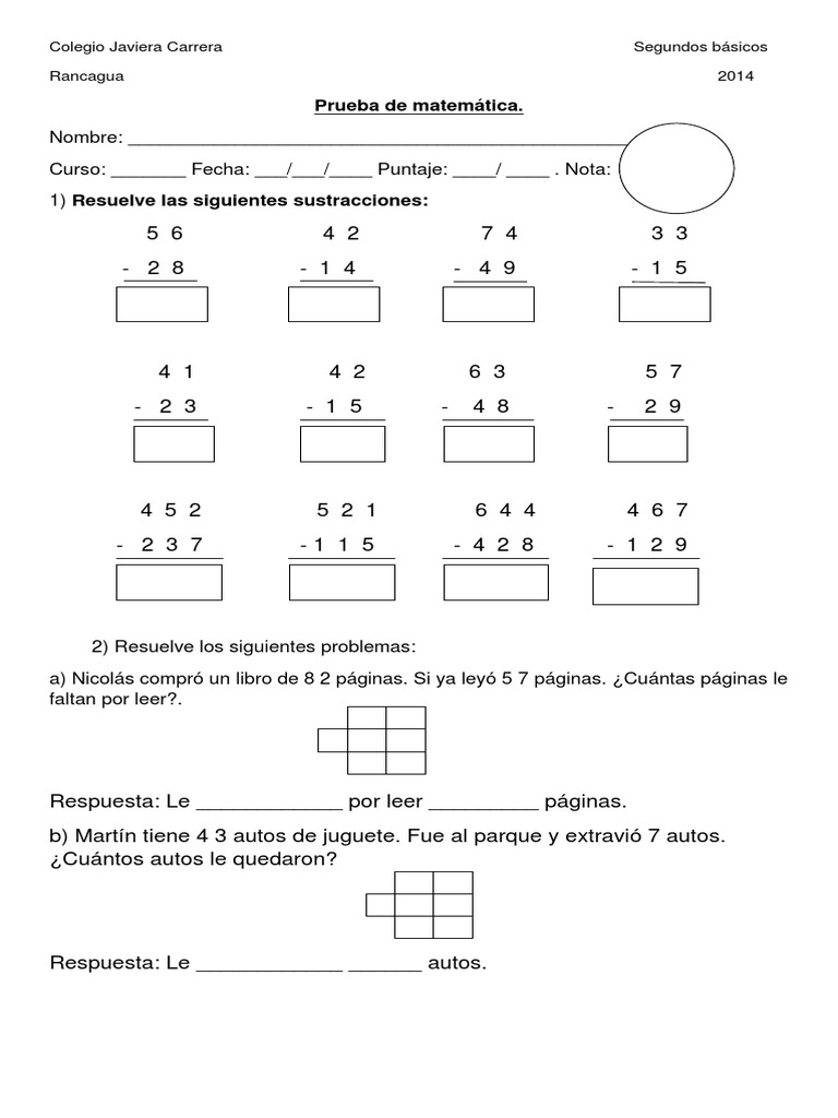 Prueba de Restas con Reserva 2° Básico | PDF | Enseñanza de matemática