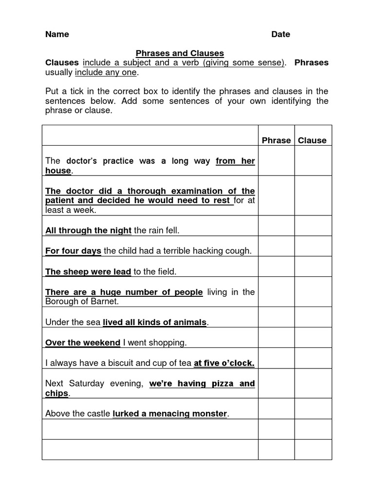 Phrases And Clauses Worksheet PDF