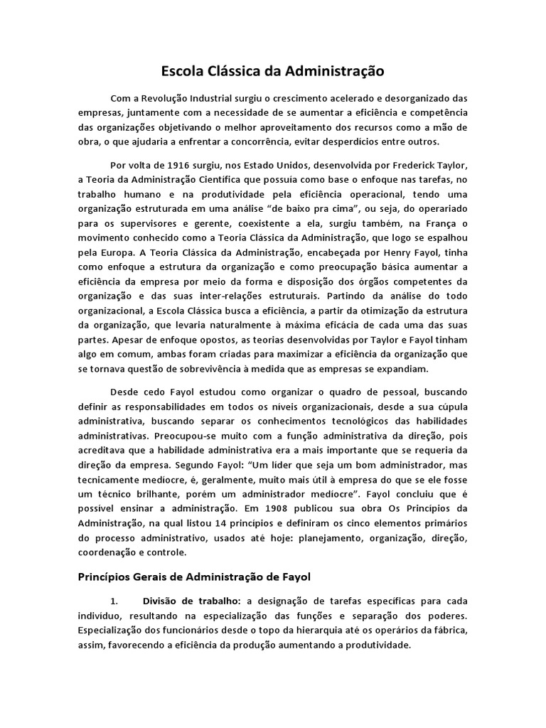 Escola Clássica Da Administração - Texto | PDF | Indústrias | Science