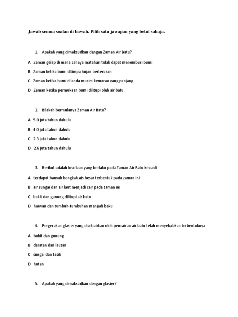 Latihan Sejarah Tahun 4 Kenali Zaman Air Batu Pdf