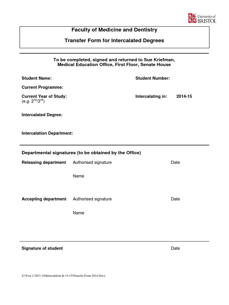 Intercalated Degree Transfer Form | PDF