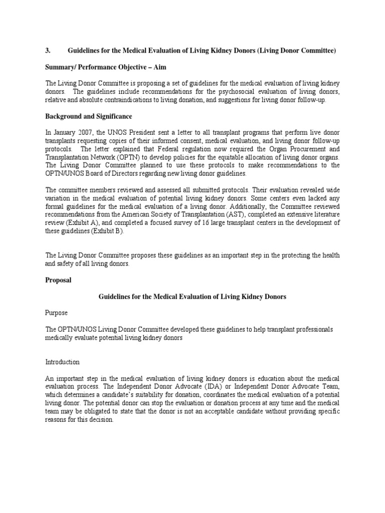 Guidelines for Living Kidney Donors Organ Donation Renal Function