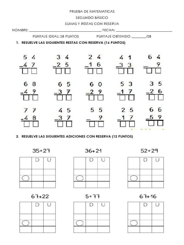 Prueba de Matemáticas: Sumas y Restas | PDF | Negocios | Finanzas y dinero