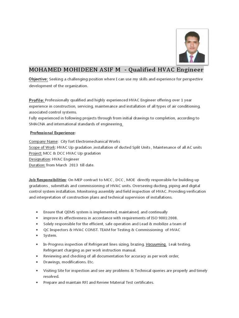 Resume For Hvac Engineer | Pdf | Hvac | Specification (Technical Standard)