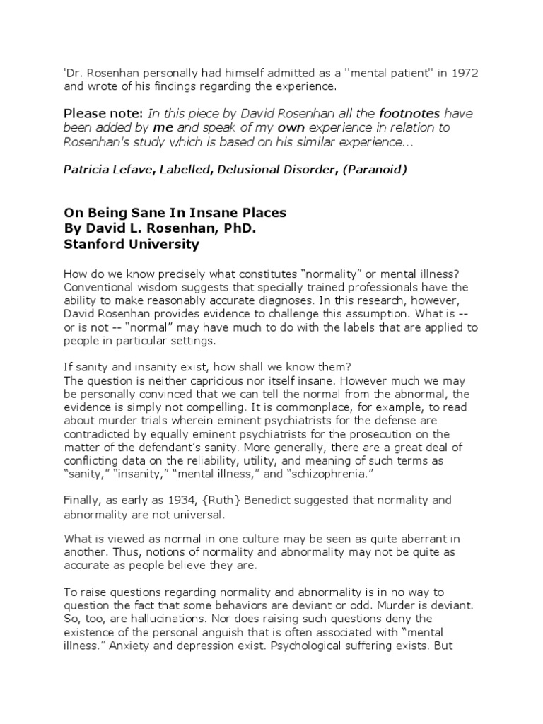 On Being Sane in Insane Places | PDF | Psychiatry | Positive Psychology