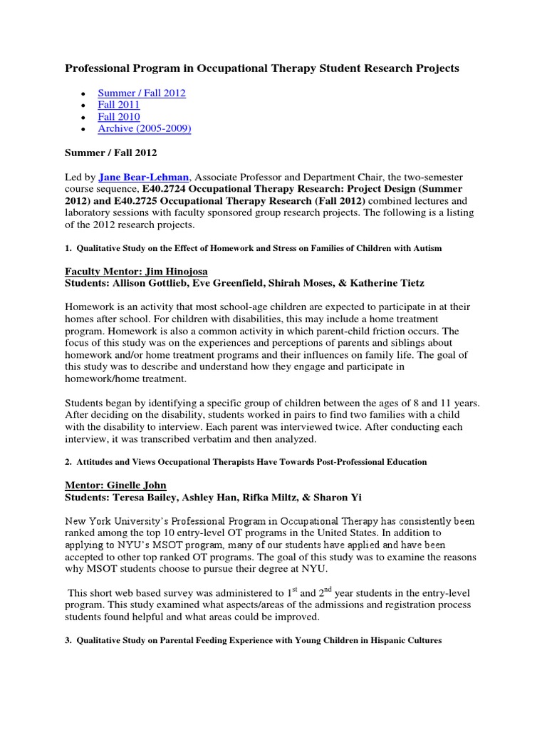 Professional Program in Occupational Therapy Student Research Projects ...