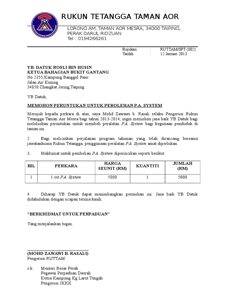 Surat Memohon Peruntukan PA System