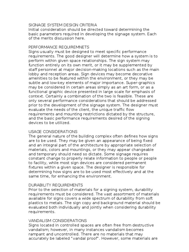Signage System Design Criteria PDF Lighting Traffic