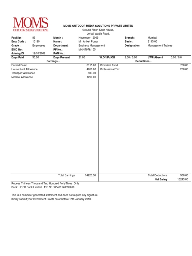 November Pay Slip Public Finance Government