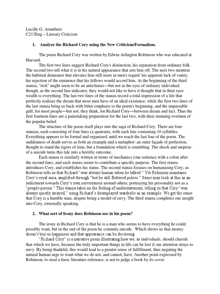 Analysis On Richard Cory Poem Using The New Criticism or Formalism PDF Schizophrenia