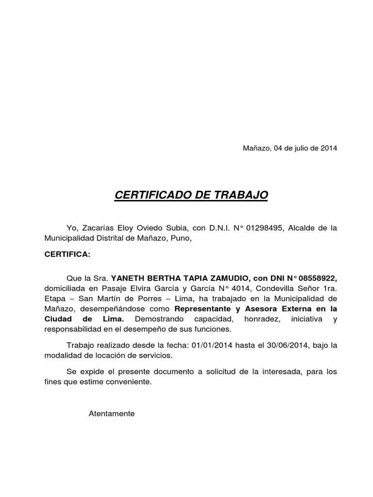 Certificado de Trabajo - Mañazo | PDF | Ciencias sociales