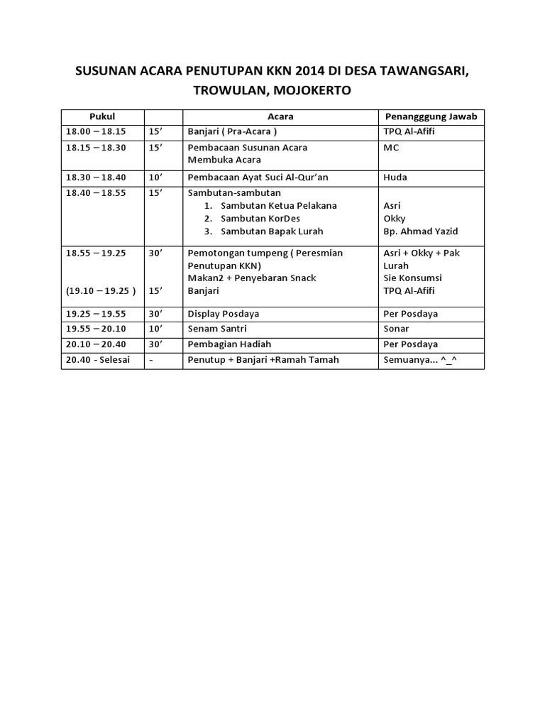Susunan Acara Penutupan KKN 2014 Di Desa Tawangsari | PDF