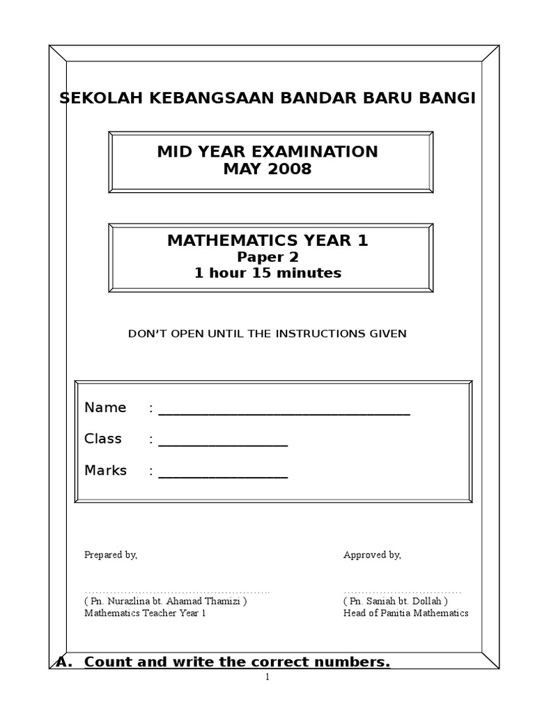 Year 1 Mathematics Exam Paper 2008 | PDF