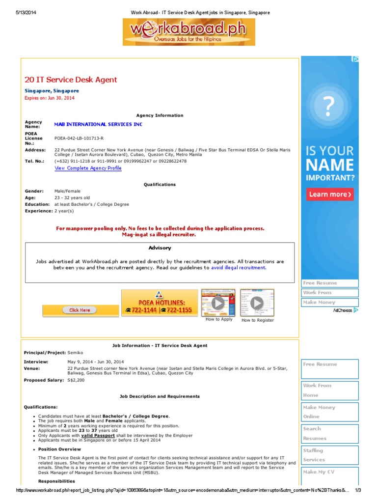 Work Abroad It Service Desk Agent Jobs In Singapore Singapore