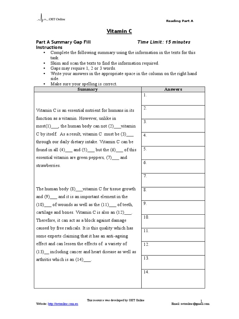 Part a Reading Task Vitamin C | Vitamin C | Vitamin
