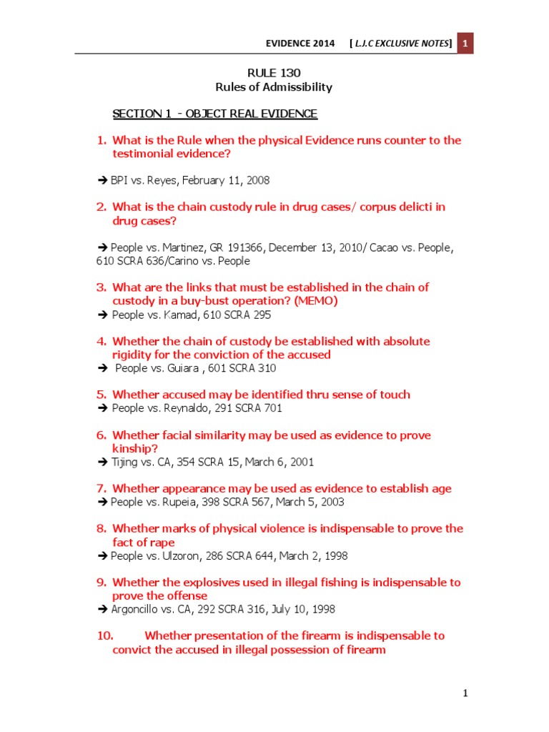 Evidence Rule 130 Outline | PDF | Evidence | Legal Procedure