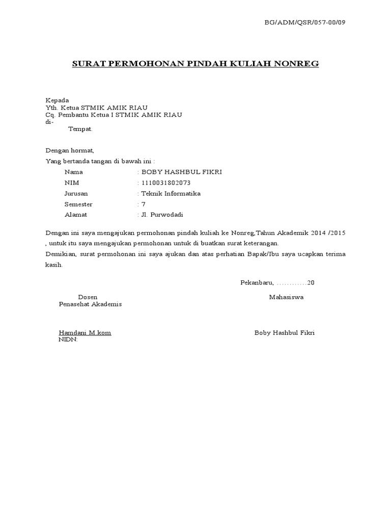 Surat Permohonan Pindah Kuliah Nonreg Nidn Malang Orang Tuawali.