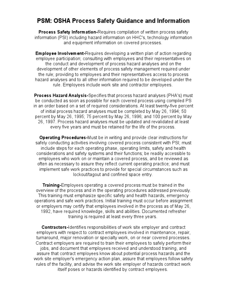PSM OSHA Process Safety Guidance and Information PDF Safety Business