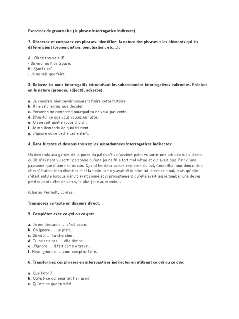Exercices sur l'interrogation indirecte | PDF | Question | Phrase