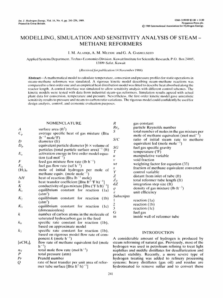 Modelling, Simulation and Sensitivity Analysis of Steam - M e T H A N e ...