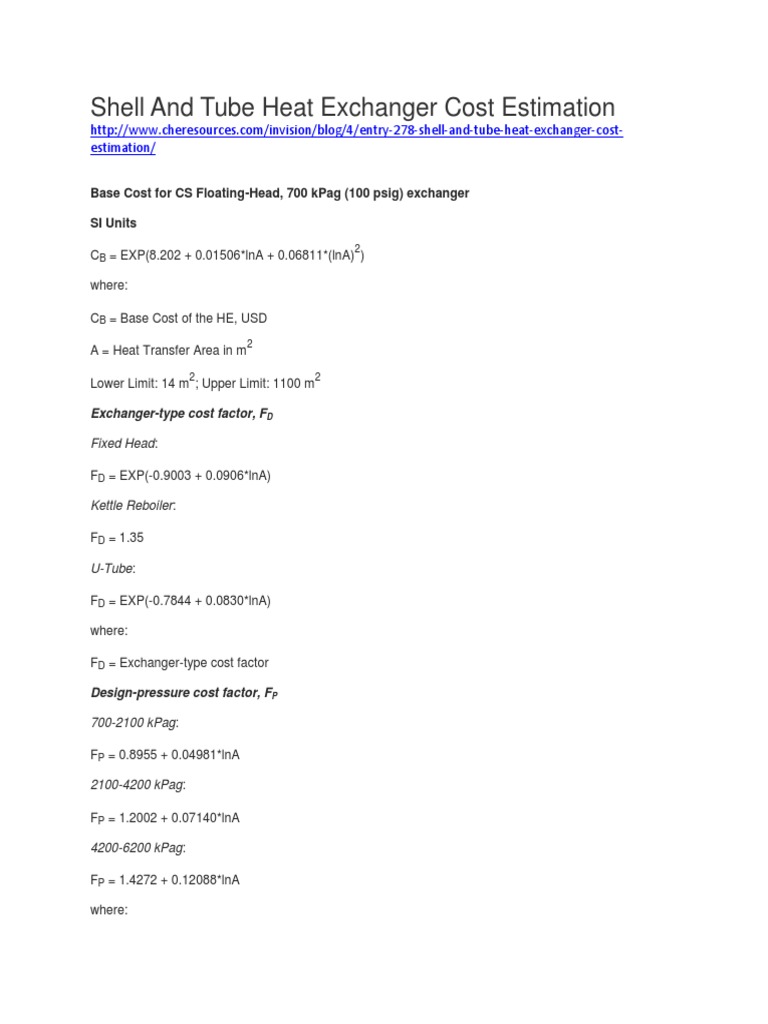 Shell and Tube Heat Exchanger Cost Estimation PDF Heating