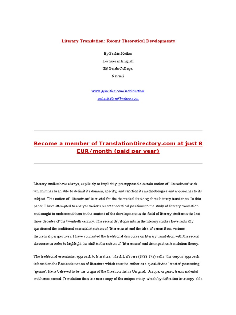 Literary Translation by Sachin Ketkar PDF Translations Literary