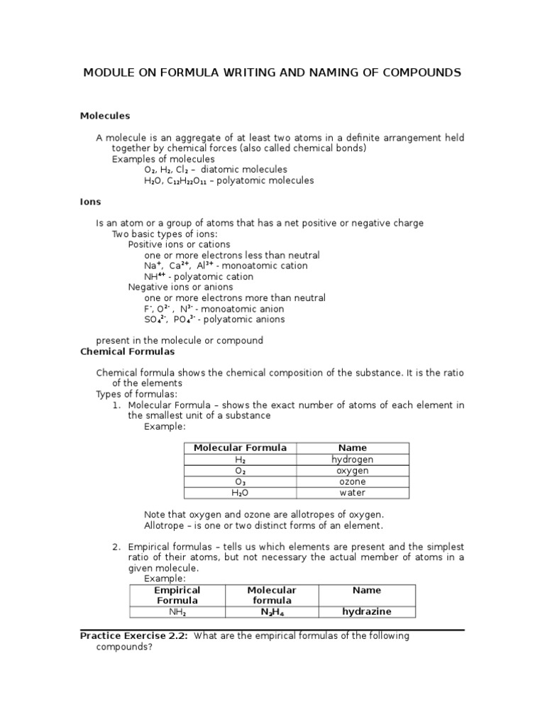 Chemical Formula Writing and Naming Guide | PDF | Ion | Molecules