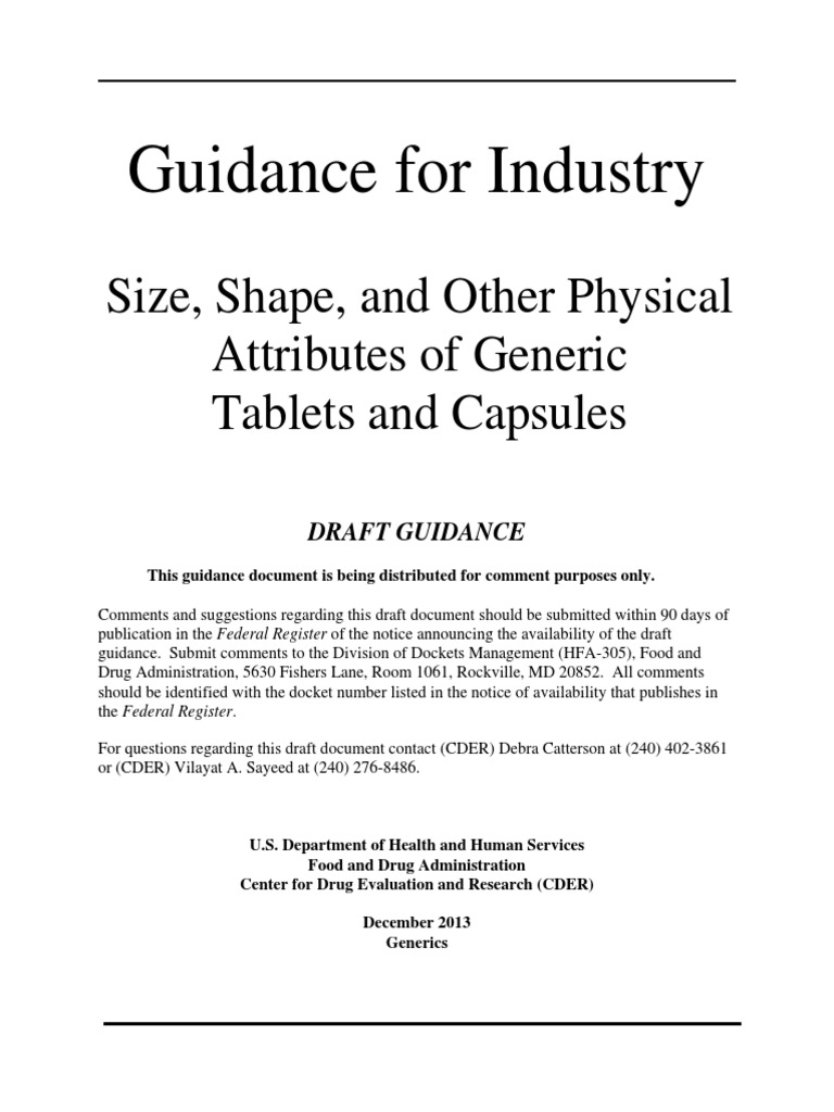 FDA Industry Guidance for Size Shape Physical Generic Drug Tablet